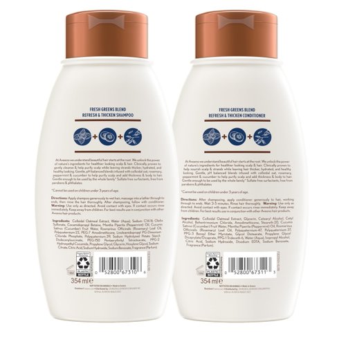 Aveeno Fresh Greens Shampoo + Conditioner with Rosemary, Peppermint & Cucumber to Thicken & Nourish, Clarifying & Volumizing Shampoo for Thin or Fine Hair, Paraben-Free, 12 Fl Oz, 2 Count (Pack of 1)
