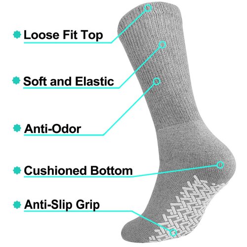 Falari Men Women Anti Slip Grip Non Skid Crew Cotton Diabetic Socks For Home Hospital (3-pairs Grey, 9-11 Women/Men Size)