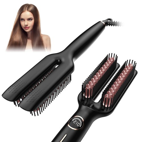 2 in 1 Hair Straightener Brush & Curler with Ceramic Coating - 20s Fast Heating Hair Straightener Comb, 5 Temps Settings up to 210-410F, Double Voltage 110-240V Travel Hair Straightener