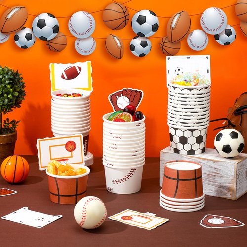 Tanlade 48 Pcs Sports Snack Cups Sports Bowls, Soccer Baseball Football Rugby Basketball Party Decorations, Sports Theme Basketball Party Supplies Basketball Bowl for Birthday Party Favors