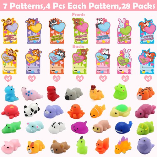 SURCVIO 28 Pack Valentines Day Gifts for Kids, Mochi Squishies with Greeting Cards Party Favor for Kids, Animals Squishies Stress Relief Fidget Toys Classroom Exchange Prizes Gifts