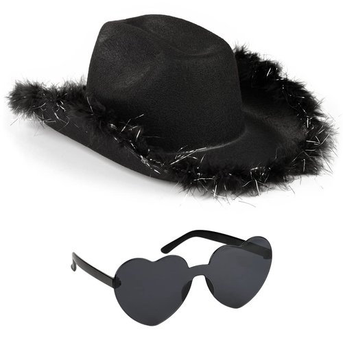 Funcredible Black Cowboy Hat and Glasses - Fluffy Cowgirl Hat - Feather Cowboy Hats for Women - Cowgirl Costume Accessories