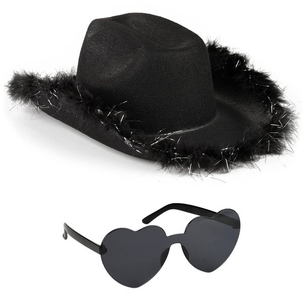 Funcredible Black Cowboy Hat and Glasses - Fluffy Cowgirl Hat - Feather Cowboy Hats for Women - Cowgirl Costume Accessories