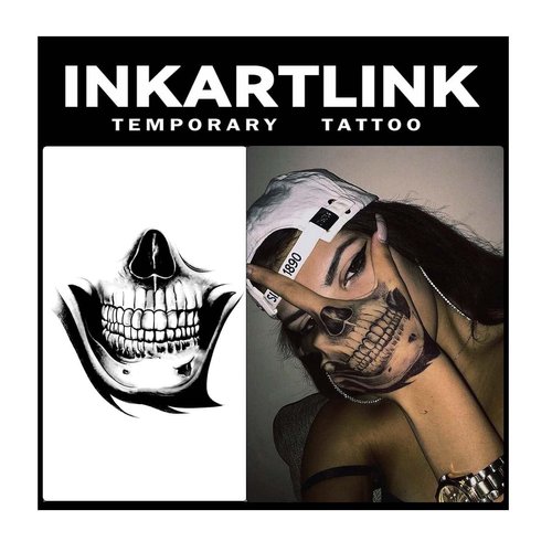 INKARTLINK Temporary Tattoos, 2 Sheets Medium Semi Permanent Tattoos, Adult Art Designs, Waterproof Temporary Tattoos, Tattoo Stickers Realistic, No Adhesive, Lasts 1-2 Weeks (Skull Mask)
