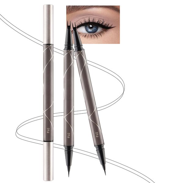 2 Pcs/Set 3D Lower Eyelash Eyeliner Pencil, 2-in-1 Dual-Ended Eye Makeup Micro 2 Point Lower Eyelash Brow Pen Waterproof Anti-Smudge Natural Eyelash (2Pcs 01# black)