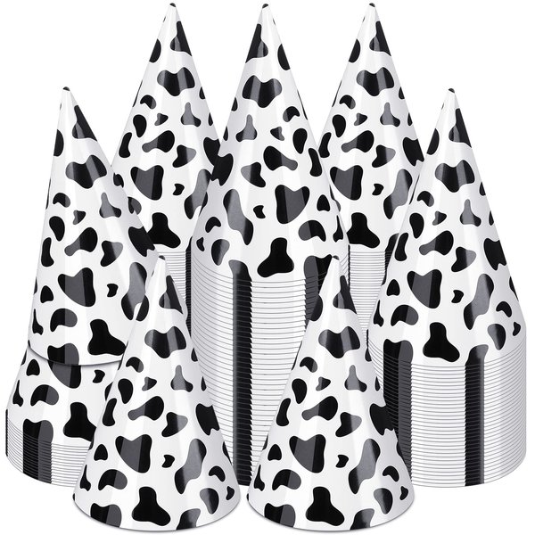 30 Pieces Birthday Party Hats Car/Cow Themed Paper Cone Hat Birthday Party Supplies Decorations for Kids(Milk Cow)