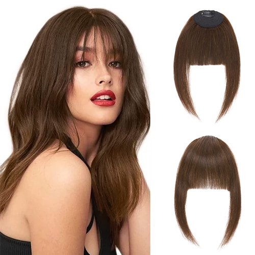 Hairro Clip In Bangs Human Hair French Bangs Flat Front Fringe Bang Hairpieces Side Bangs Clip On Bang With Temple Curtain Bangs Hair Clip Top Hairpiece For Women 14g #04 Medium Brown