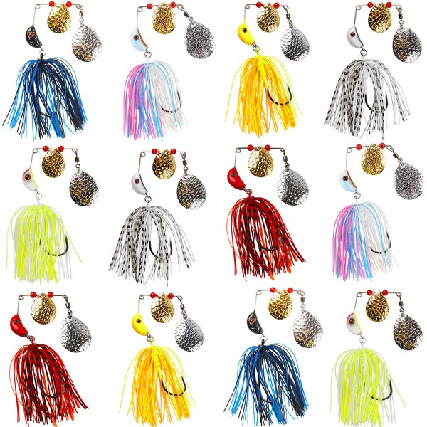 Spinner Baits Bass Fishing Lures Kit, 6/12pcs Metal Jig Hard Spinnerbait Buzzbait Kit Spinner Jig Lures for Bass Trout Salmon Walleye Freshwater Saltwater Fishing