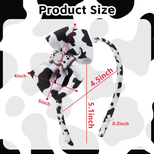 Ecuupas Cow Print Bow Headbands Cute Moo Cow Headband White Black Cow Spot Head Hoop Grosgrain Ribbon Bow Hairband Hair Decoration for Teens Girls Woman 1Pcs