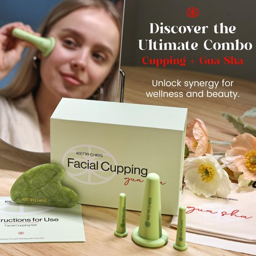 Rena Chris Facial Cupping Set & Gua Sha Facial Tool - Silicone Cupping Set & Jade Gua Sha Stone - Face Cupping Therapy Set for Natural Skin Care, Puffiness, Lip Plumping
