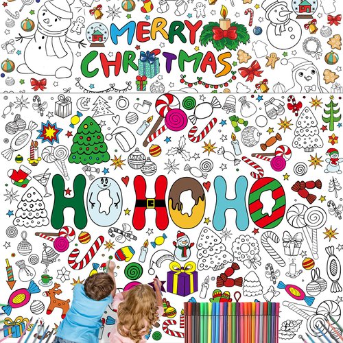Zhanmai 2 Pcs 31.4 x 43.3 Inch Christmas Giant Coloring Tablecloth Posters Activity with 24 Color Pens Giant Coloring Pages Xmas Huge Table Cover for Home Supplies Party Favor