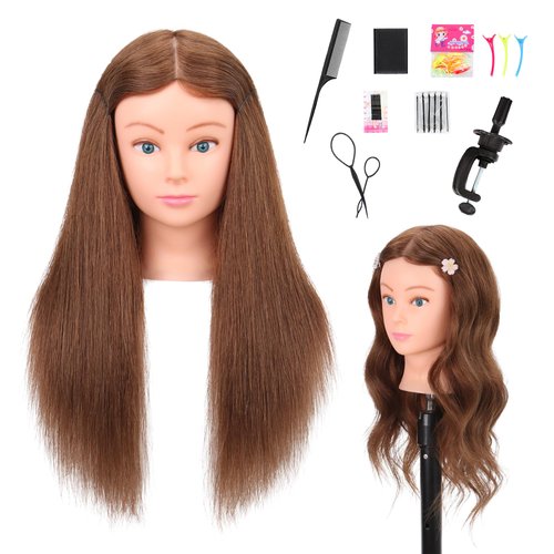 Mannequin Head Human Hair 22"-24" Female 100% Human Hair Mannequin Head Hair Styling Cosmetology Manikin Head Doll Head for Hairdresser with Free Clamp Holder and Tools