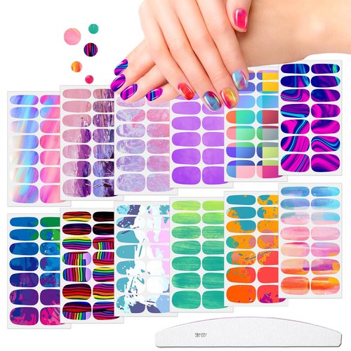 JERCLITY 12 Sheets Aurora Gradient Color Nail Polish Strips with Nail File Self-Adhesive Graffiti Cloud Rainbow Nail Stickers Full Nail Wraps for Women Kids Nail Strips Manicure Kit for DIY Nail Art
