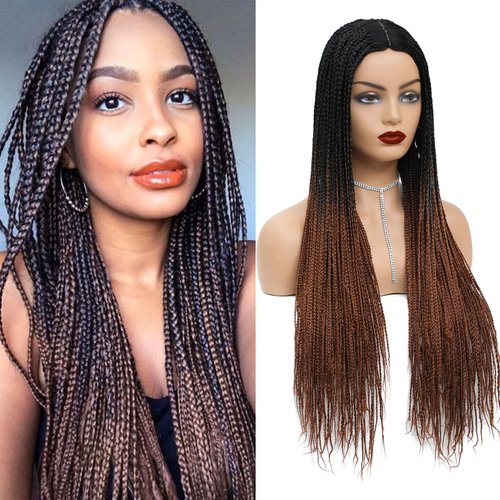 ROSEBONY Braided Wigs Long Box Braids Wig for Women Ombre Brown #30 28 Inch Micro Box Braids Fake Scalp Wig Synthetic Wigs (1B/30)