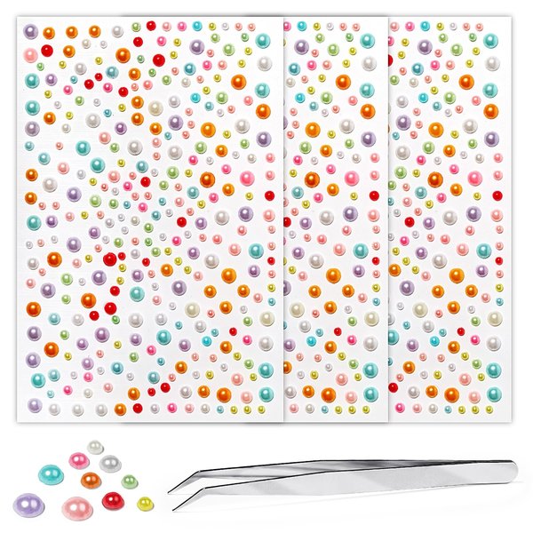 3 Sheets Self Adhesive Pearl Stickers Rainbow Round Face Gem Stickers 3-6mm Stick on Rhinestone Gems Mix Colors Jewels Stickers for Hair Face Eye Nail Art Makeup Scrap Booking and Crafts