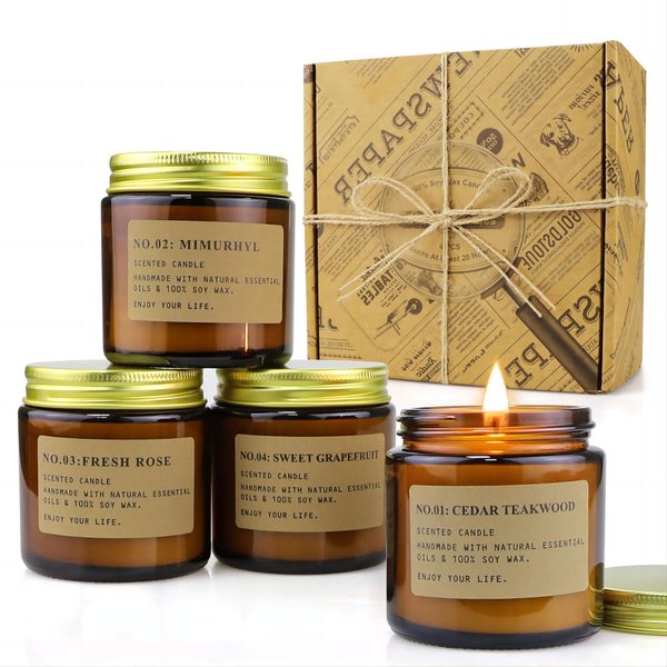 YFYTRE 4 Pack Scented Candle Set Soy Wax Candles, Aromatherapy Candles for Home Decoration, Jar Candles Gift for Women Mother with Amber Glass Jars and Kraft Wrapping