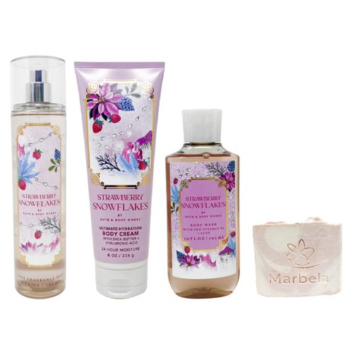 Bath & Body Works Strawberry Snowflakes - Tri Gift Set - Fine Fragrance Mist, Body Cream and Body Wash With a Himalayan Salts Springs Soap., pink