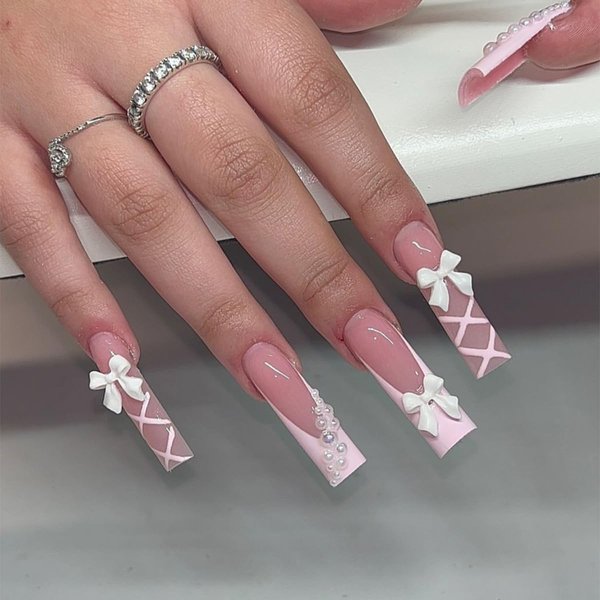 Press on Nails Long Square Shape Fake Nails French Tip White Bow Glue on Nails with Pearls Cute Acrylic False Nails Very Long Press on Nails Reusable Artificial Nails Stick on Nails for Women, 24Pcs