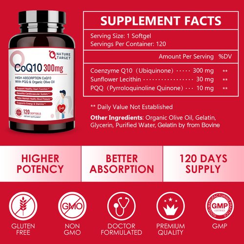 NATURE TARGET CoQ10-300mg-Softgels + PQQ with Organic-Olive-Oil - High Absorption-Coenzyme-Q10 - Antioxidant-for-Heart-Health and Immune Support, Energy Production, 120 Servings