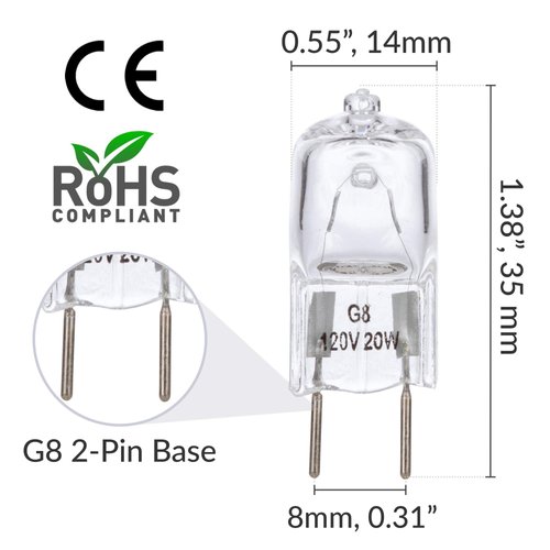 Simba Lighting Halogen Light Bulb G8 T4 20W JCD Bi-Pin (10 Pack) Shorter 1-3/8" (1.38") Length for Under Cabinet Puck Lights, Kitchen Hood, Landscape Lights, Desk Lamps 120V Dimmable, 2700K Warm White