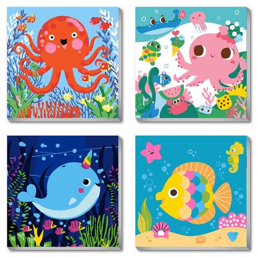 gganmtere 4PC Cute Animals Framed Paint by Numbers Kit for Adult Beginner, DIY Adult Paint by Numbers Kits on Canvas, Oil Acrylic Paint by Number Kits with Frame for Home Wall Decor 8X8 inch