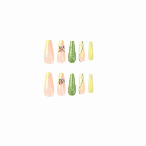 MISUD Long Coffin Press on Nails Spring Ballerina Fake Nails Glossy Glue on Nails Green French Tip Acrylic Nails Bling Glitter Arificial Nails Luxury 3D Butterfly Stick on False Nails 24 pcs