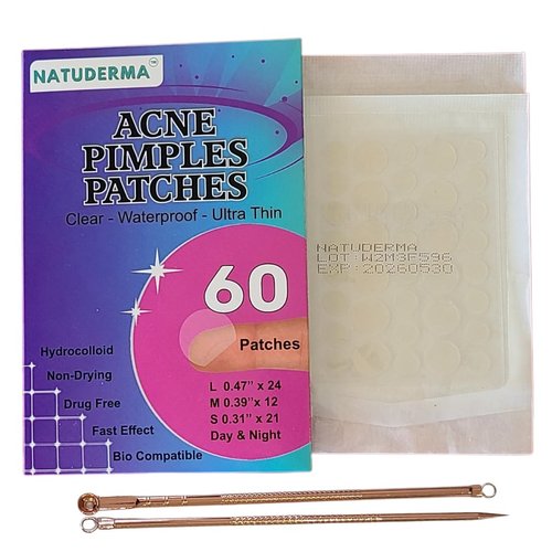 NATUDERMA Hydrocolloid Pimple Patches - Salicylic Acid and Tea Tree Oil Patches for Acne Treatment with Popping Tools | Pimple Patches for Face | Acne Patches, 3 sizes, (60count) | Parches para acne