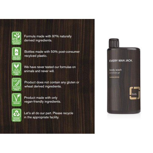 Every Man Jack Mens Sandalwood Body Wash for All Skin Types - Cleanse, Nourish, and Hydrate Your Skin with Naturally Derived Coconut and Glycerin - Twin Pack
