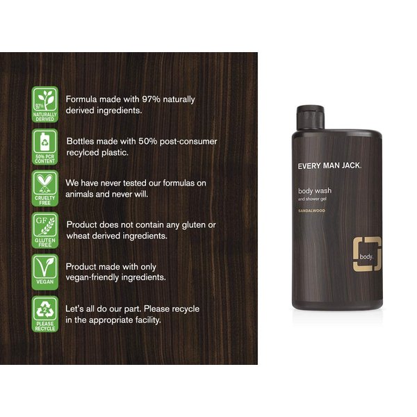 Every Man Jack Mens Sandalwood Body Wash for All Skin Types - Cleanse, Nourish, and Hydrate Your Skin with Naturally Derived Coconut and Glycerin - Twin Pack