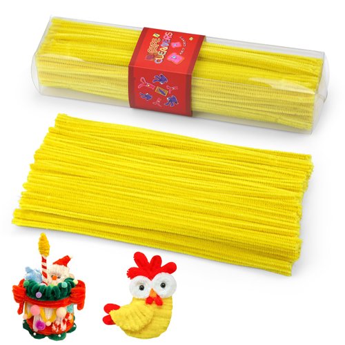 LOKUNN Pipe Cleaners, 200 Pcs Light Yellow Pipe Cleaners Craft Set, Solid Color Chenille Stems, DIY Arts and Crafts with Adhesive Eyes and Storage Box, Christmas Halloween Decoration Art Supplies