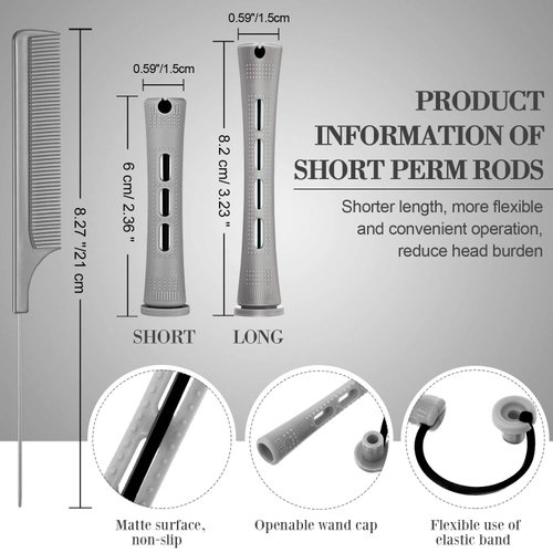 48 Pieces Hair Perm Rods Short Cold Wave Rods Plastic Perming Rods Hair Curling Rollers Curlers with Steel Pintail Comb Rat Tail Comb for Hairdressing Styling Supplies (Gray, 0.59 Inch)