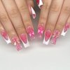 ANDGING French Tip Press on Nails Pink White Square Medium Fake Nails Glue on Nails with Ribbon Hearts Pearl Design False Nails with Glue Gel Women 24Pcs Acrylic Stick on Nail for Wedding AL88U9