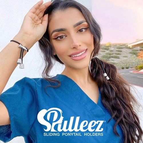 Pulleez Sliding Ponytail Holder, Gold Tanzanite Crystal Bell Metal Charms - Brown Elastic Hair Tie Bracelet
