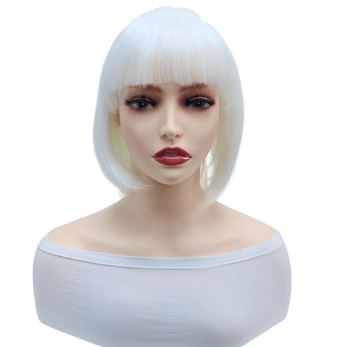 Everfun Highlights Luminous Short Bob Wig for Women - Glow in the Dark - Natural 12" Straight with Flat Bangs - Synthetic Colorful Costume Wigs for Halloween Cosplay Daily Party (White)