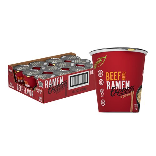 RAMEN EXPRESS Beef Flavor Ramen Cup Noodle, 2.25 Oz Each (Pack Of 12) by Chef Woo | Vegetarian Ramen Noodles | No Added MSG | Halal | Egg-Free and Dairy-Free