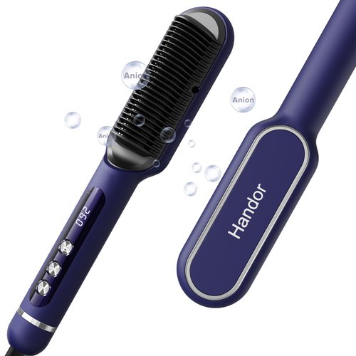 Handor Advanced Negative Ionic Hair Straightener Brush with 9 Temp Settings & Anti-Scald LED Display, 20s Fast Heating 250°F to 410°F, Effortless Styling for Silky Smooth, Frizz-Free Hair, Blue