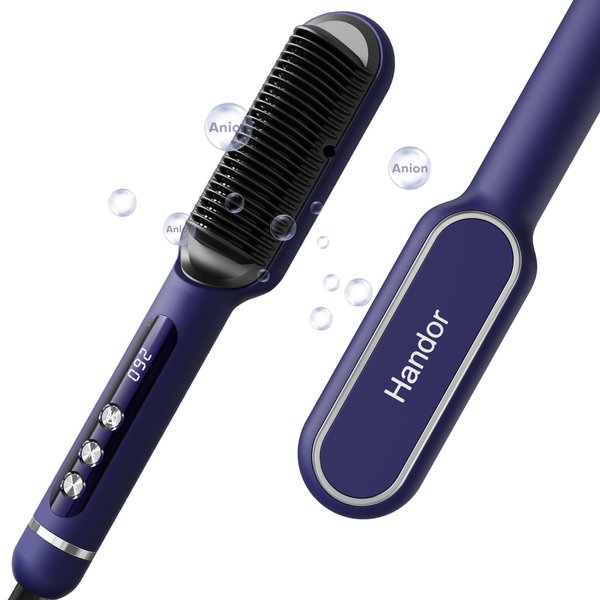 Handor Advanced Negative Ionic Hair Straightener Brush with 9 Temp Settings & Anti-Scald LED Display, 20s Fast Heating 250°F to 410°F, Effortless Styling for Silky Smooth, Frizz-Free Hair, Blue
