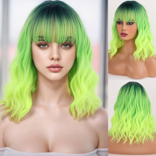 WTHCOS Neon Green Wig Short Curly Wig with Bangs Green Ombre Wig for Women Short Wave Wig Lime Green Wig Synthetic Wigs for Cosplay Costume Party with Wig Cap