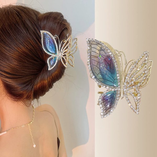 Butterfly Metal Hair Claw Clips Fashion Sparkly Glitter Rhinestones Hair Barrettes Strong Hold Styling Hair Accessories for Women Girls Thinner Thick Hair Styling