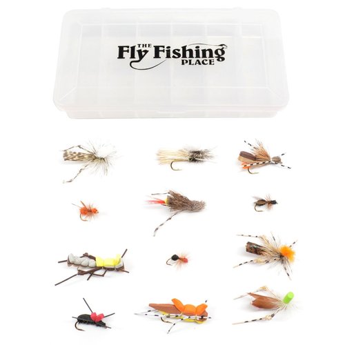 The Fly Fishing Place Trout Fly Assortment - Essential Terrestrials Fly Fishing Flies Collection - Includes Foam Hoppers, Ants, Beetles, and Cicadas - 1 Dozen Trout Flies with Fly Box