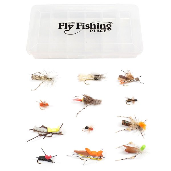 The Fly Fishing Place Trout Fly Assortment - Essential Terrestrials Fly Fishing Flies Collection - Includes Foam Hoppers, Ants, Beetles, and Cicadas - 1 Dozen Trout Flies with Fly Box