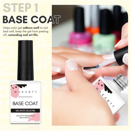 Makartt Gel Top Coat and Base Coat Set, No Wipe Top Coat Shine Finish Soak Off Gel Base Top Coat Long Lasting LED Nail Lamp Gel for Gel Nail Polish Salon Quality Nail Manicure Gifts, 2pcs 10ML