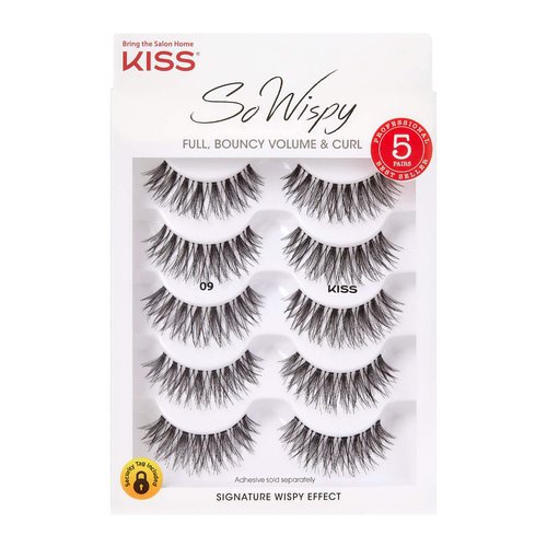 KISS So Wispy Fake Eyelashes Multipack #09, Easy-To-Apply Lightweight False Eyelashes, 100% Cruelty-Free Natural Human Hair, Reusable and Contact Lens Friendly, 5 Pairs