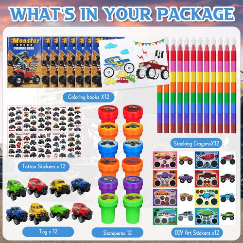 Cinrobiye 72Pcs Monster Truck Coloring Book with Crayons Bulk，Truck Car Party Favors Goodie Bags Fillers，Hot Wheels Birthday Party Supplies Face Stickers Tattoo Prizes Gift for Monster Truck Party
