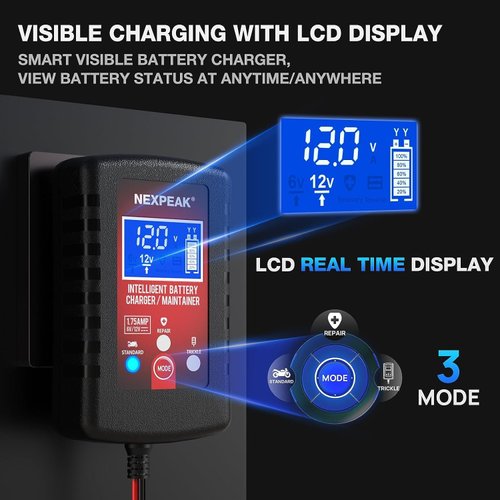 1.75-Amp Car Battery Charger, 6V 12V Smart Fully Automatic Battery Charger Maintainer, Trickle Charger for Car, Lawn Mower, Motorcycle, Boat, Marine
