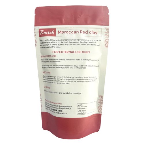 Raslok Moroccan Red Clay Powder 100g | 3.52 oz. | Suitable for Face Mask, Scrub,Soaps,Bath Bombs, Body Wraps | Very Fine Powder | No Additives | Detoxifies, Removes impurities