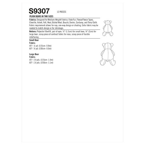 Simplicity Plush Bear Packet, Code 9307 Sewing Pattern, One Size, White