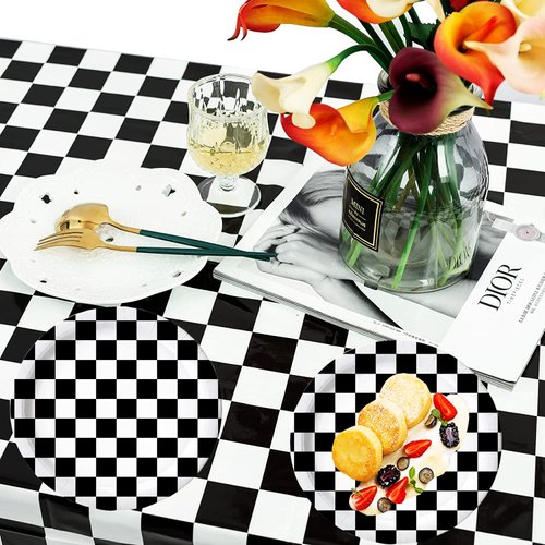 HSPAIDYP 40 Pcs Black and White Checkered Race Car Party Supplies Racing Themed Paper Plates 7" Black and White Checkered Dessert Plates for Kids Car Sports Themed Race car Birthday Party Decorations