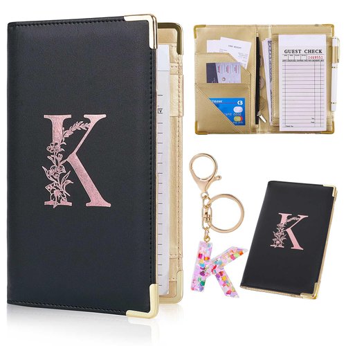 FIODAY Server Books Alphabet Waitress Book Cute Waiter Book Zipper Pocket Leather Serving Book with Gift Keychain Guest Check Book Server Note Pads Holder Fits Server Apron, K