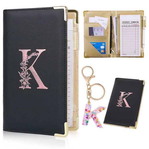 FIODAY Server Books Alphabet Waitress Book Cute Waiter Book Zipper Pocket Leather Serving Book with Gift Keychain Guest Check Book Server Note Pads Holder Fits Server Apron, K